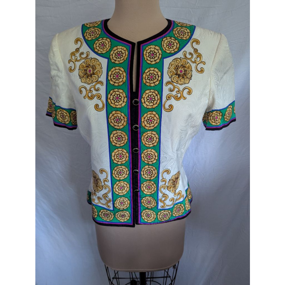 Vtg 100% Silk Baroque Floral Button‎ Front Blouse Cream Gold Regencycore Sz 8
